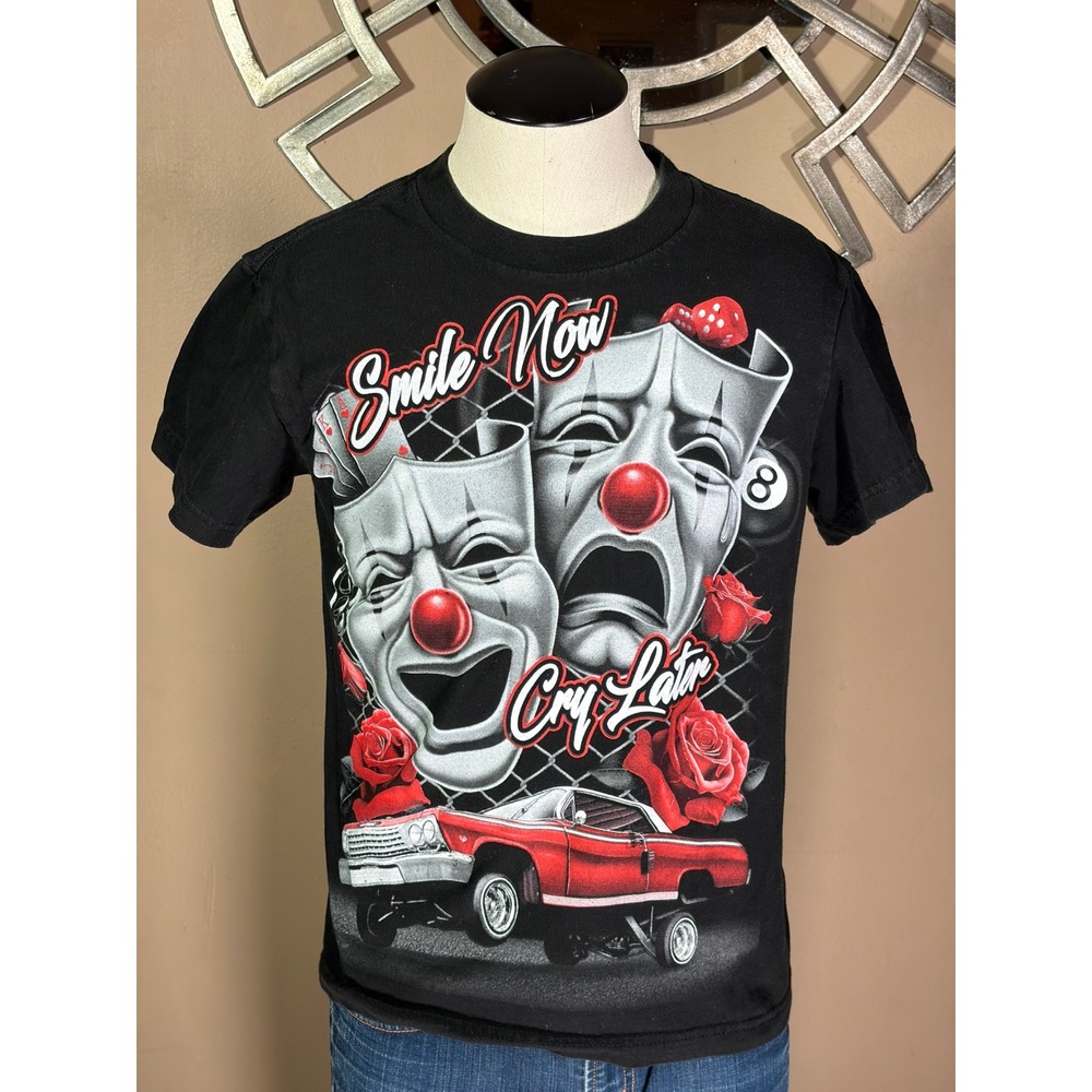 Smile Now Cry Later Lowrider Drama Masks Graphic T-Shirt Black Small